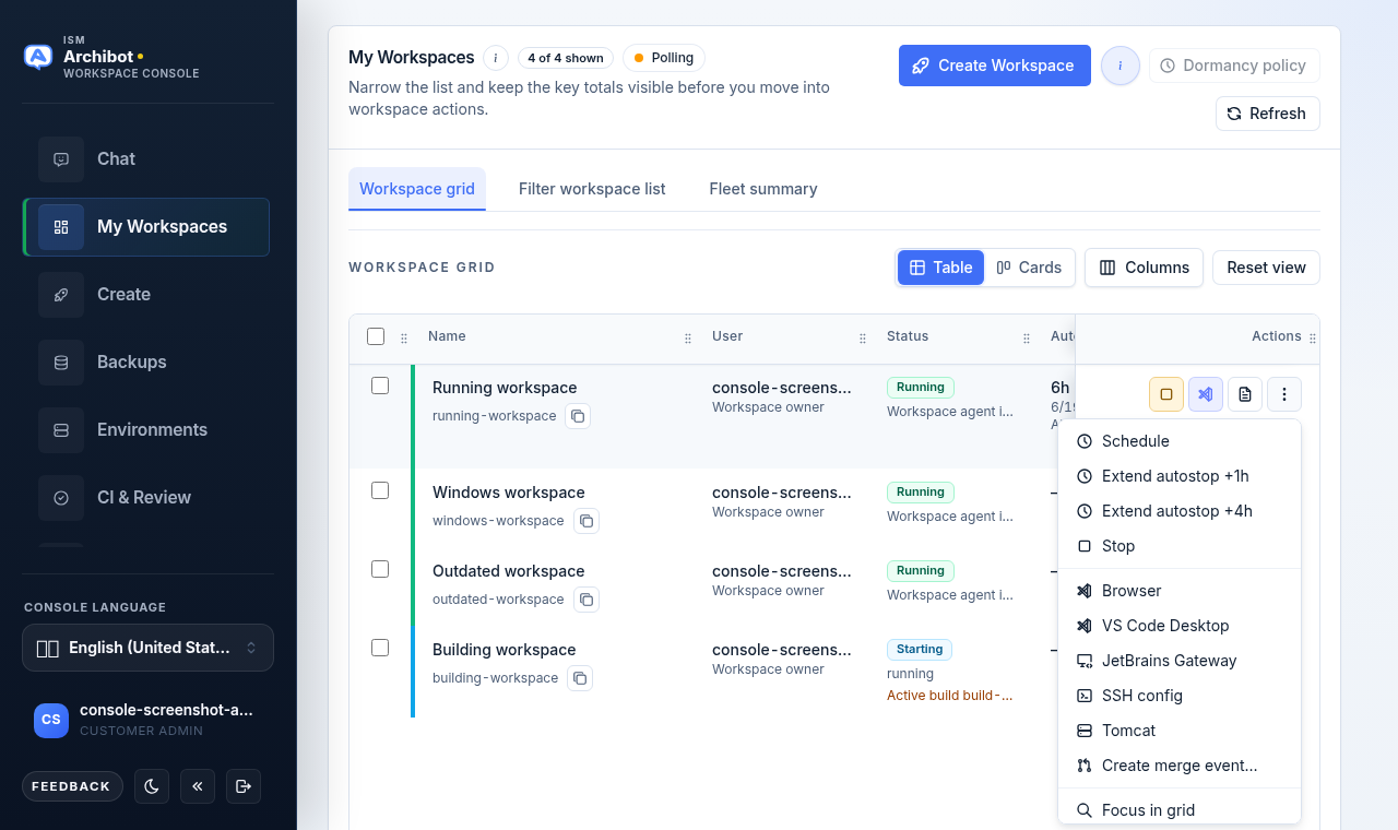 Workspace grid with the Autostop in column and a row actions menu showing Extend autostop options.