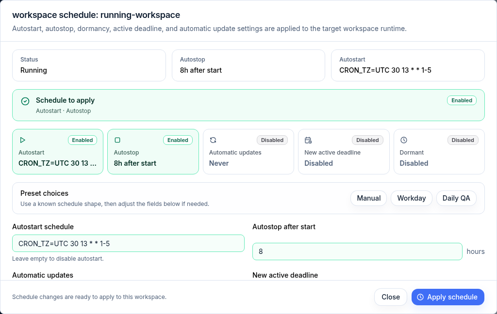 Workspace schedule dialog with status cards, presets, autostart cron, and autostop hours
