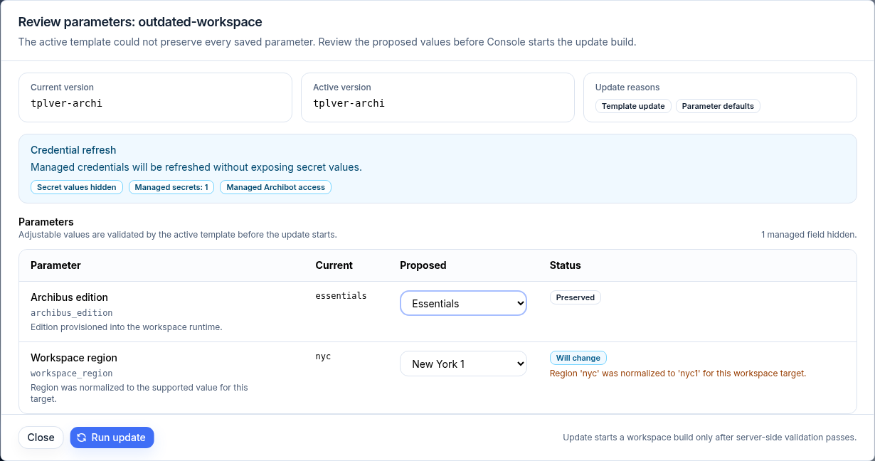 Review parameters dialog showing version cards, credential refresh, and a parameter table