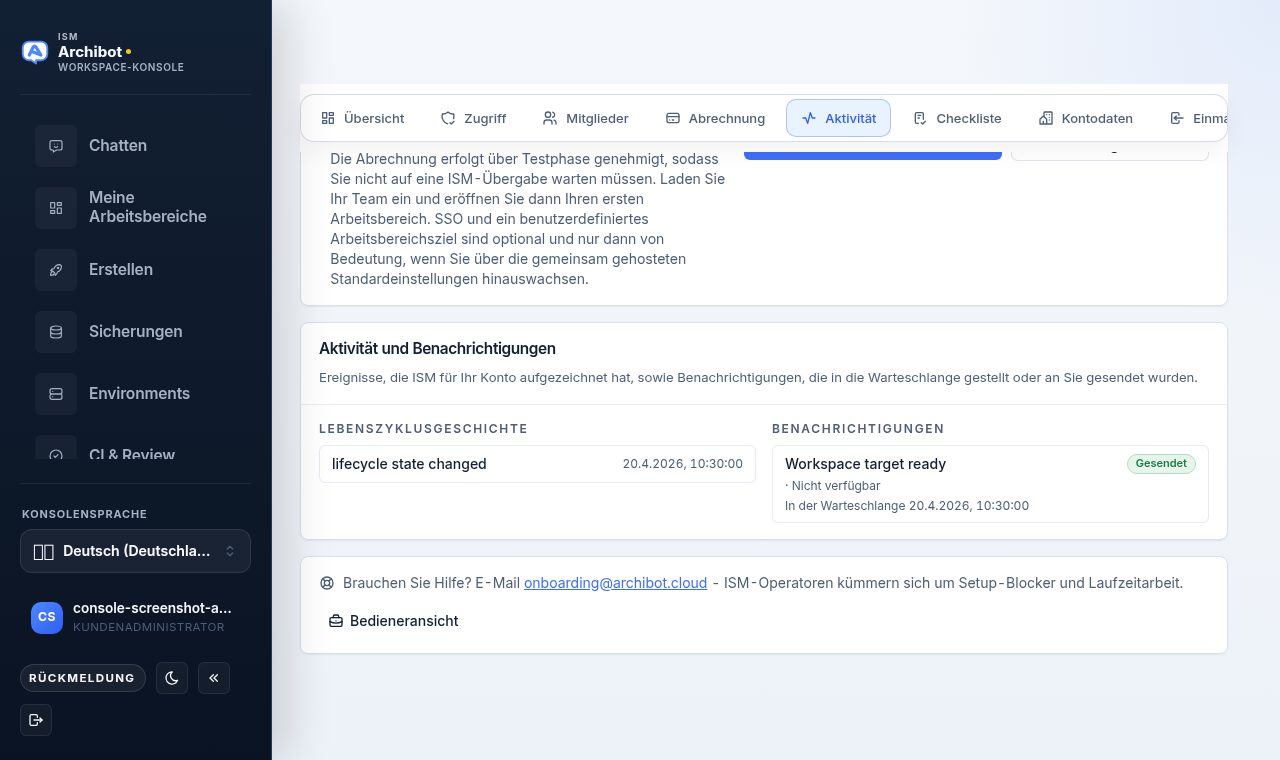 Der Tab Aktivität in der Kontoeinrichtung mit einer Spalte für den Lebenszyklusverlauf und einer Spalte für Benachrichtigungen.