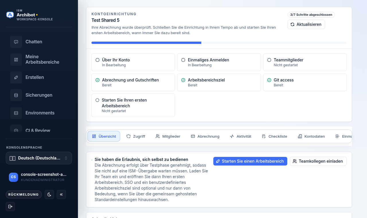 Console-Hub der Kontoeinrichtung mit dem Schritt-Raster, den Navigationsregistern, dem Self-Service-Banner und den Schnelllinks.