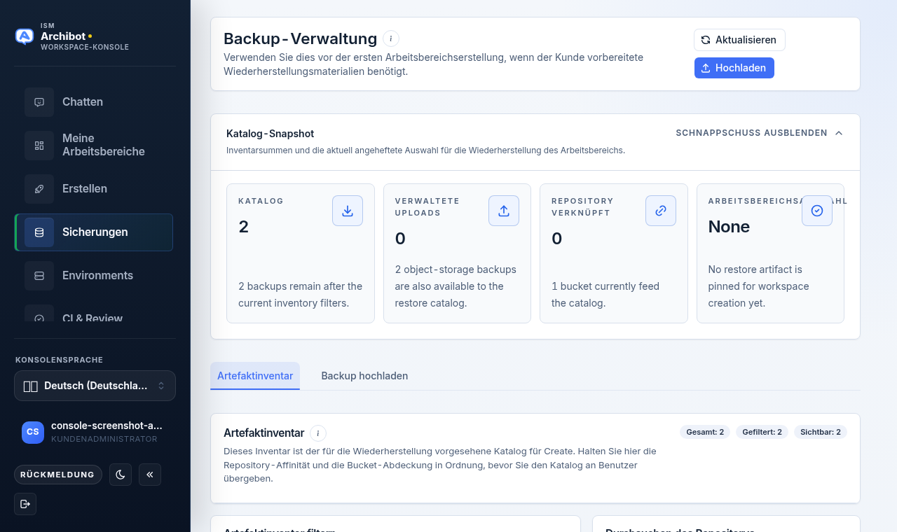 Die Backup-Verwaltung der Console zeigt die Metriken des Katalog-Snapshots sowie die Registerkarten Artefaktbestand und Backup hochladen mit sicheren Beispieldaten.