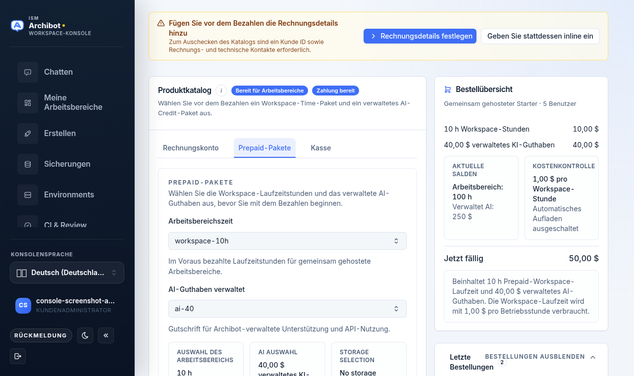 Console-Produktkatalog mit den Bereitschafts- und Zahlungsabzeichen, den Tabs Abrechnungskonto, Prepaid-Pakete und Checkout sowie einer Seitenleiste mit der Bestellübersicht.