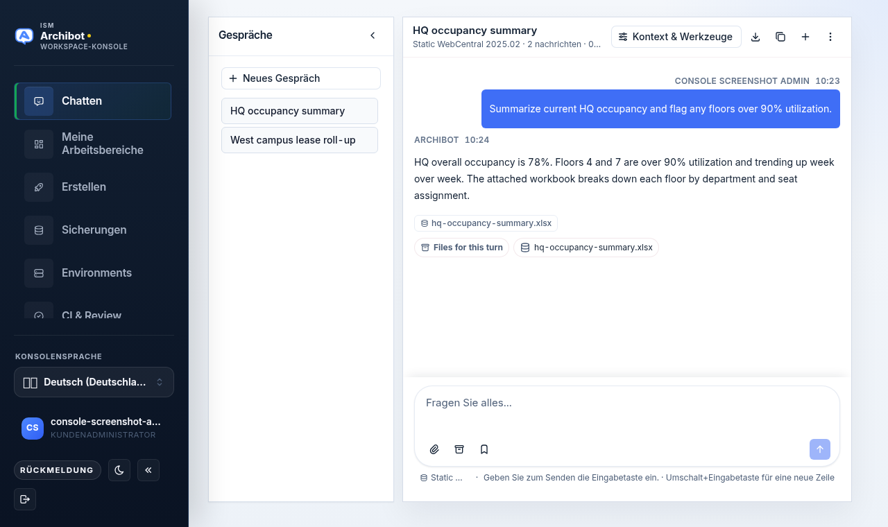ArchibotChat in der Console geöffnet, mit ausgewählter Chat-Oberfläche, einer Unterhaltungsliste, einer Beispielantwort zur Auslastung der Zentrale und dem Verfasser.