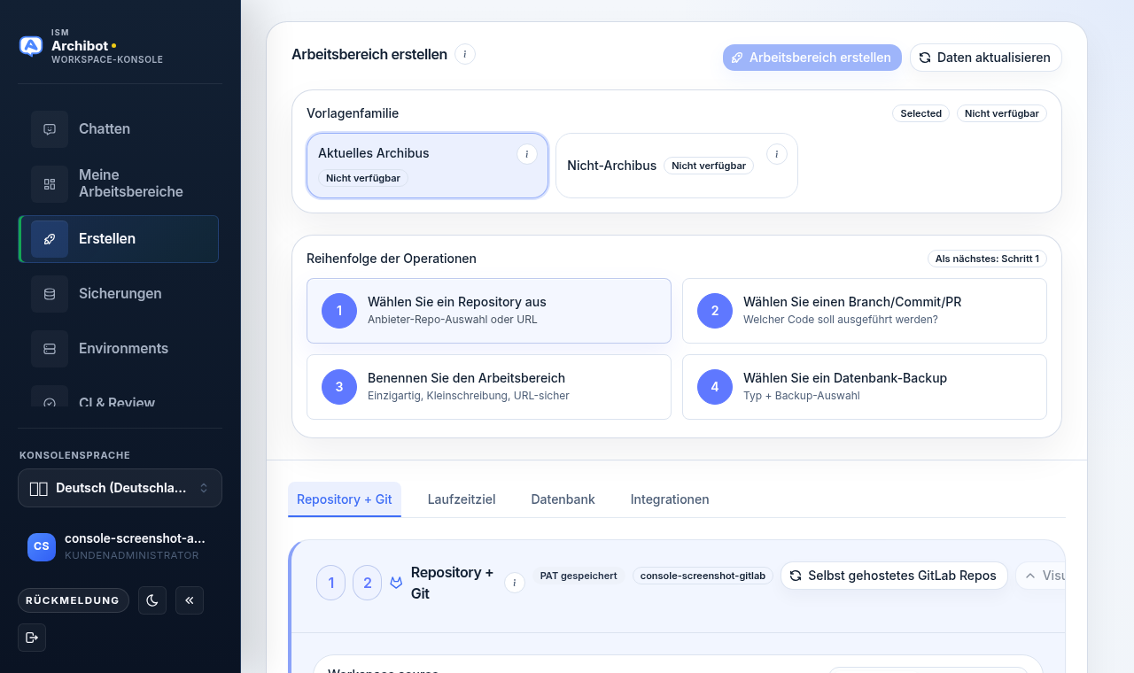 Console-Seite „Erstellen“ mit der Vorlagenfamilien-Auswahl, der Karte „Reihenfolge der Vorgänge“ und den vier Erstellungs-Tabs (Repo + Git, Runtime-Ziel, Datenbank, Integrationen).