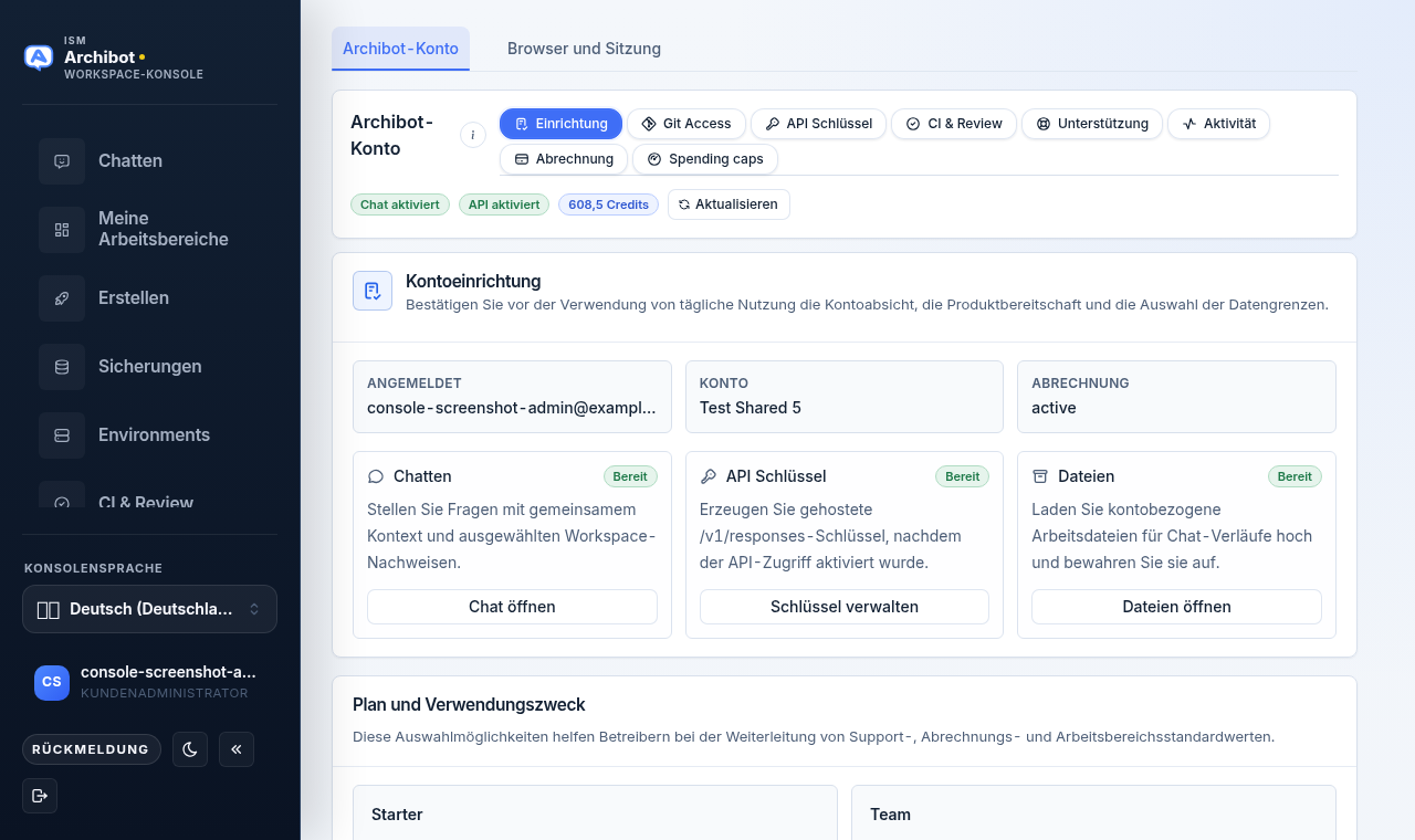 Archibot-Kontobereich der Console mit den Pills Einrichtung, Git-Zugriff, API-Schlüssel, CI und Review, Support, Aktivität, Abrechnung und Ausgabenlimits.