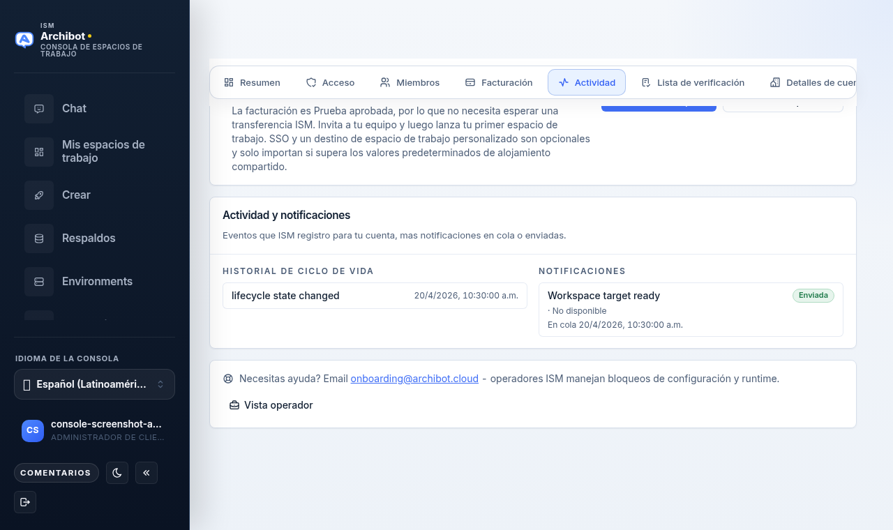 La pestaña Actividad en Configuración de la cuenta mostrando una columna de historial del ciclo de vida y una columna de notificaciones.