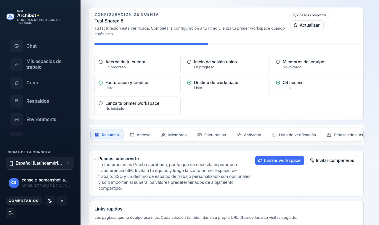 Centro de Configuración de la cuenta de Console con la cuadrícula de pasos, las pestañas de navegación, el banner de autoservicio y los enlaces rápidos.
