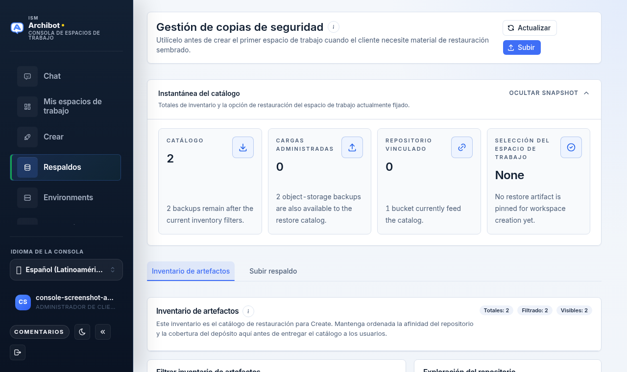 La Gestión de copias de seguridad de Console mostrando las métricas de la instantánea del catálogo y las pestañas Inventario de artefactos y Subir copia de seguridad sobre datos de ejemplo seguros.