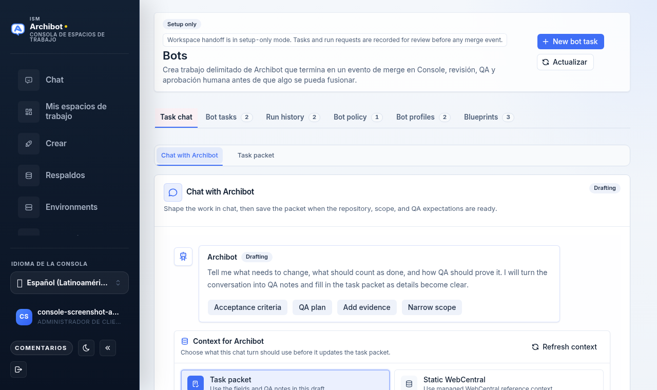 La superficie de Bots de la Consola en modo solo configuración, mostrando el creador de tareas por chat, las pestañas de sección y un botón Nueva tarea de bot.