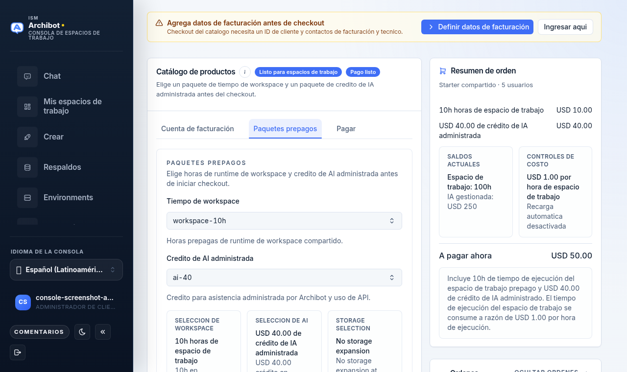 Catálogo de productos de Console con las insignias de preparación y de pago, las pestañas Cuenta de facturación, Paquetes prepagos y Pago, y una barra lateral con el resumen del pedido.