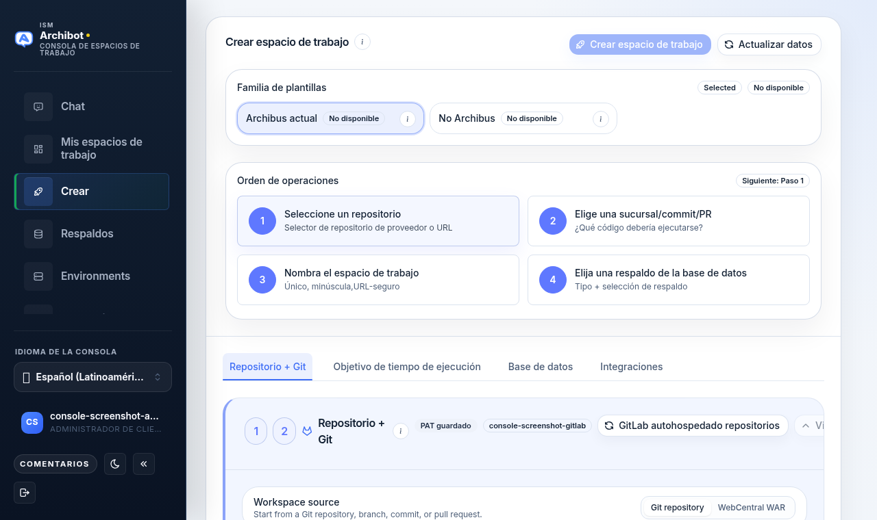 Página Crear de Console con el selector de familia de plantillas, la tarjeta Orden de operaciones y las cuatro pestañas de creación (Repo + Git, Destino de runtime, Base de datos, Integraciones).