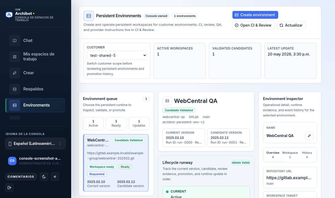 Entornos persistentes renderizados por Console con una cola de entornos, versiones candidatas y un inspector con datos seguros.
