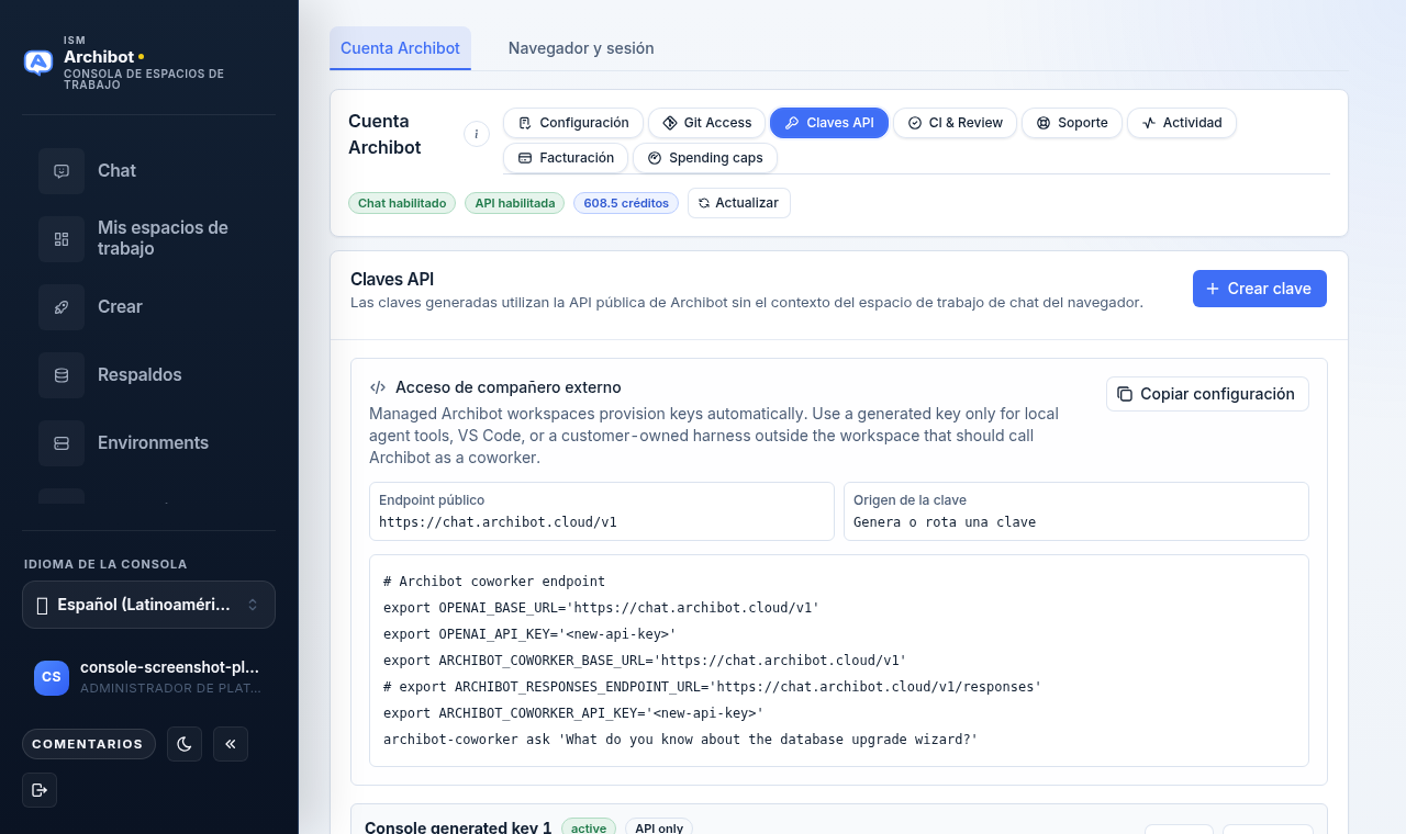 Pestaña de Claves de API en Configuración de Console que muestra el botón Crear clave, la tarjeta de acceso de colaborador externo y un script de configuración generado con valores de marcador de posición.