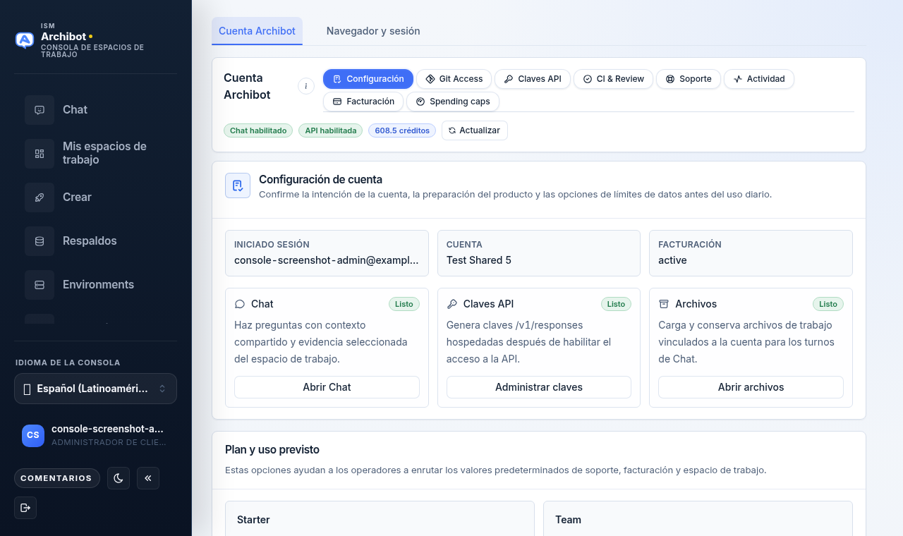 Sección de la cuenta de Archibot en la Console con las píldoras Configuración, Acceso a Git, Claves de API, CI y Revisión, Soporte, Actividad, Facturación y Topes de gasto.