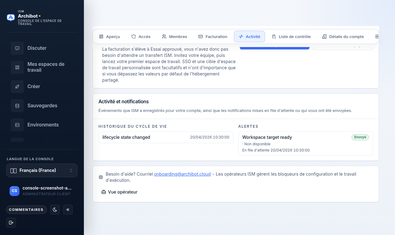 L'onglet Activité dans Configuration du compte affichant une colonne d'historique du cycle de vie et une colonne de notifications.
