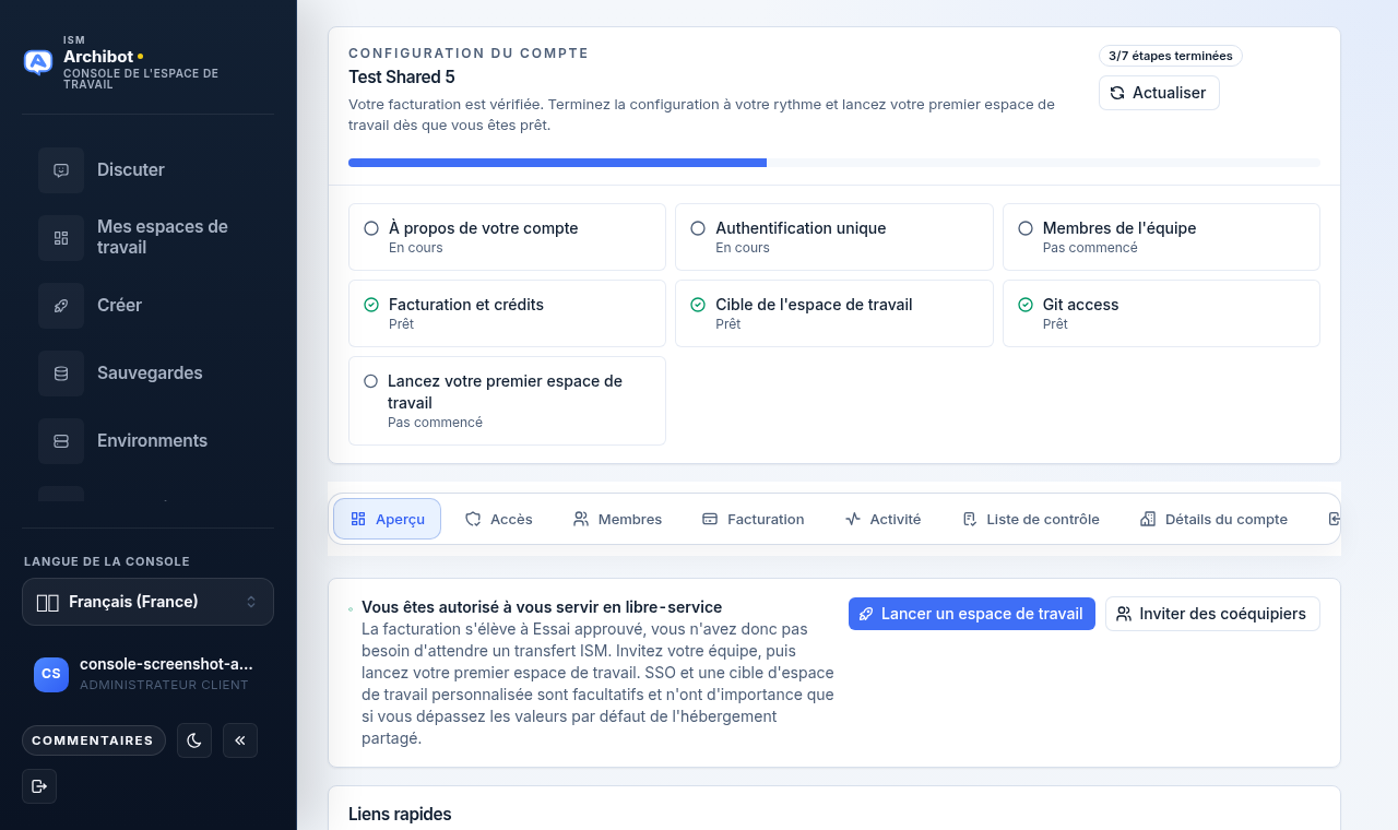 Centre de Configuration du compte de Console avec la grille d'étapes, les onglets de navigation, la bannière en libre-service et les liens rapides.