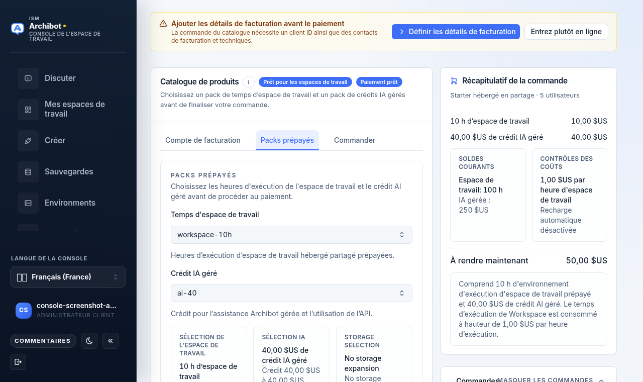 Catalogue de produits Console avec les badges de préparation et de paiement, les onglets Compte de facturation, Packs prépayés et Paiement, ainsi qu'une barre latérale de récapitulatif de commande.