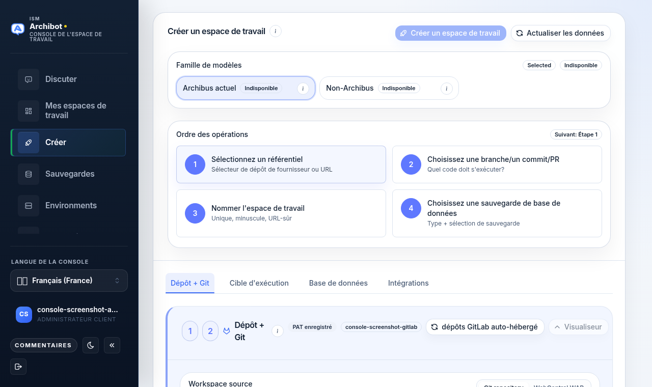 Page Créer de Console avec le sélecteur de famille de modèles, la carte Ordre des opérations et les quatre onglets de création (Repo + Git, Cible de runtime, Base de données, Intégrations).