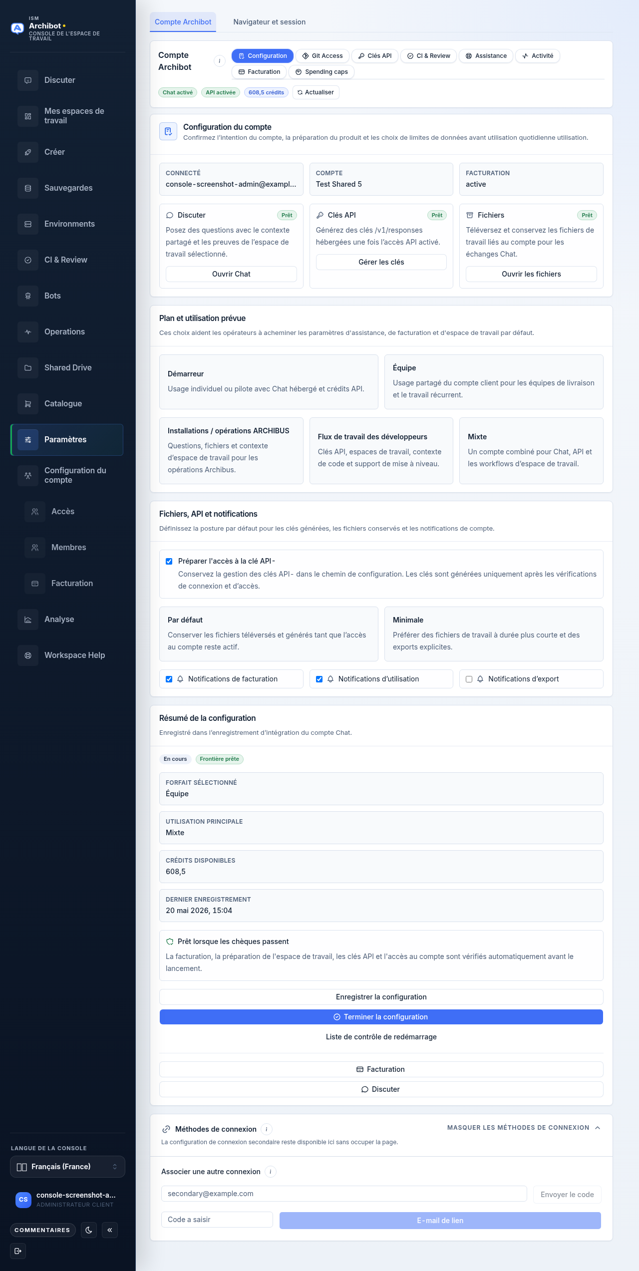 L'onglet Configuration dans la section compte Archibot des Paramètres, montrant la carte de configuration du compte, les choix de forfait et d'usage prévu, et le panneau latéral de résumé de la Configuration.