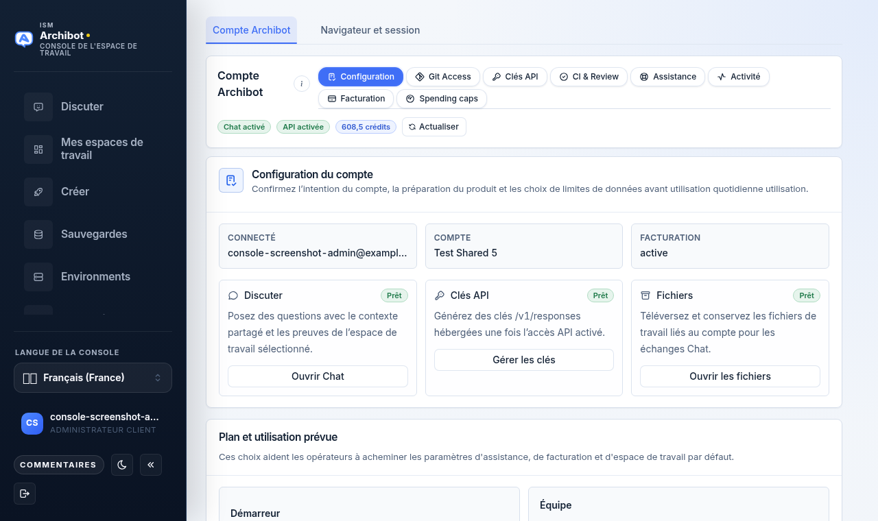 Les Paramètres de la Console sur l'onglet du compte Archibot avec les pastilles de compte, les badges d'état et les cartes de configuration du compte sur des données d'exemple sûres.