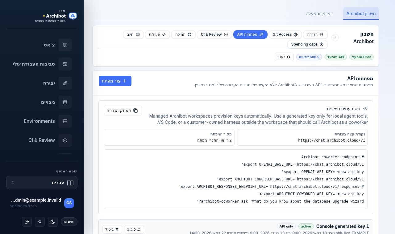 לשונית מפתחות API בהגדרות Console המציגה את לחצן יצירת המפתח, כרטיס גישת עמית חיצוני וסקריפט הגדרה שנוצר עם ערכי מציין מיקום.