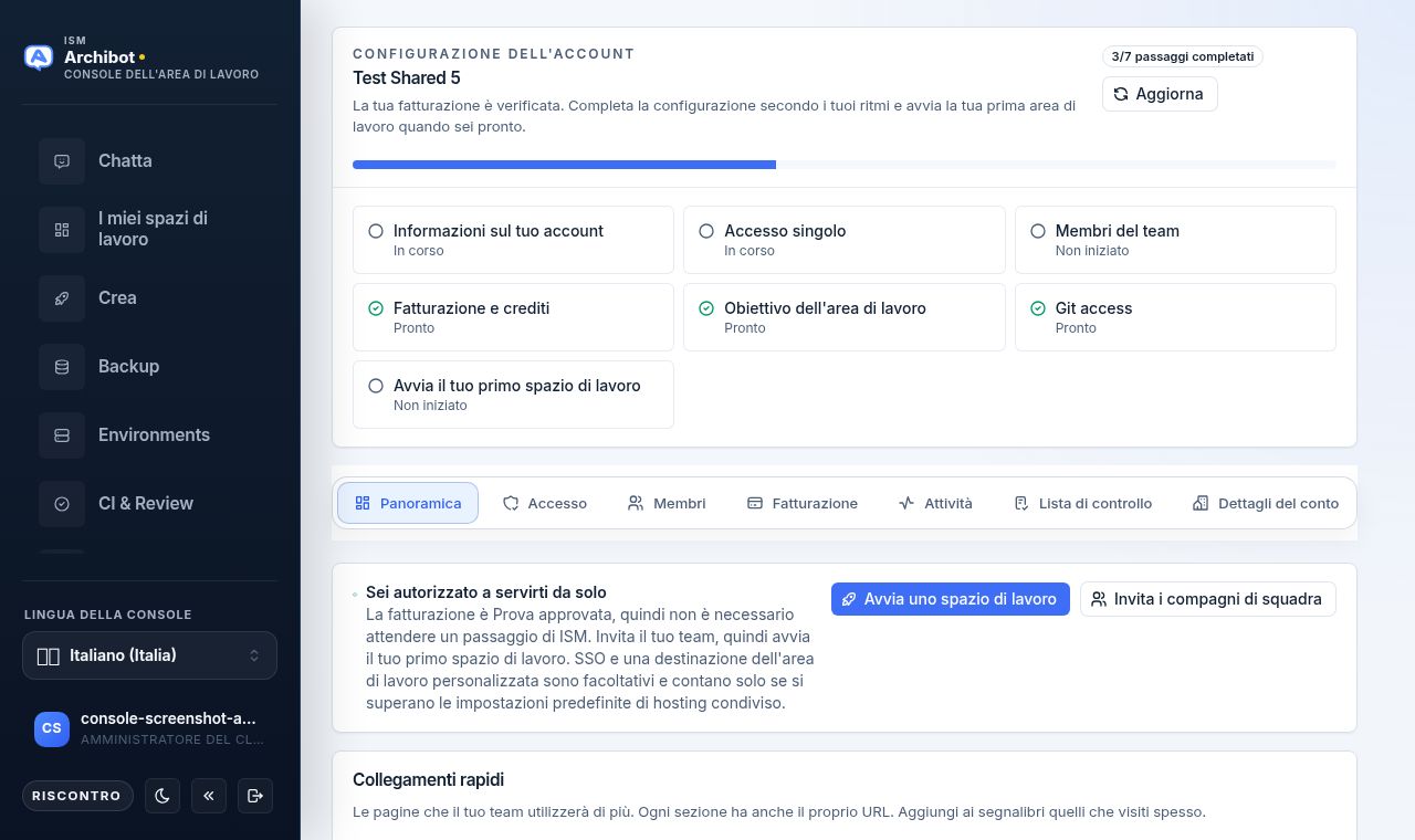 Hub di Configurazione dell'account di Console con la griglia dei passaggi, le schede di navigazione, il banner self-service e i collegamenti rapidi.