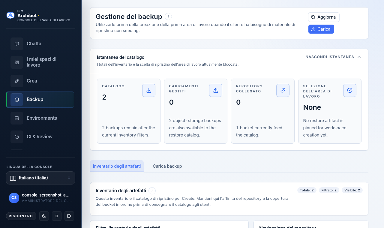 La Gestione backup di Console che mostra le metriche dell'istantanea del catalogo e le schede Inventario artefatti e Carica backup su dati di esempio sicuri.