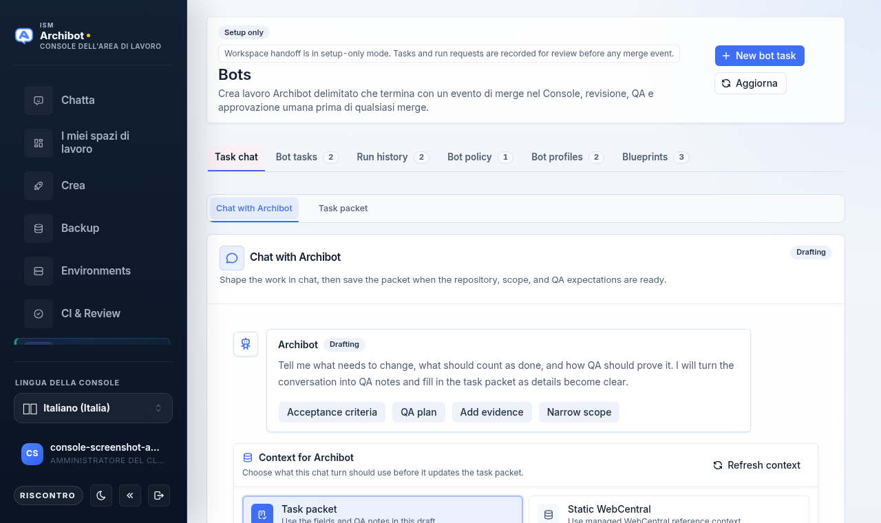 La superficie Bot della Console in modalità solo configurazione, che mostra il costruttore di attività in chat, le schede di sezione e un pulsante Nuova attività bot.