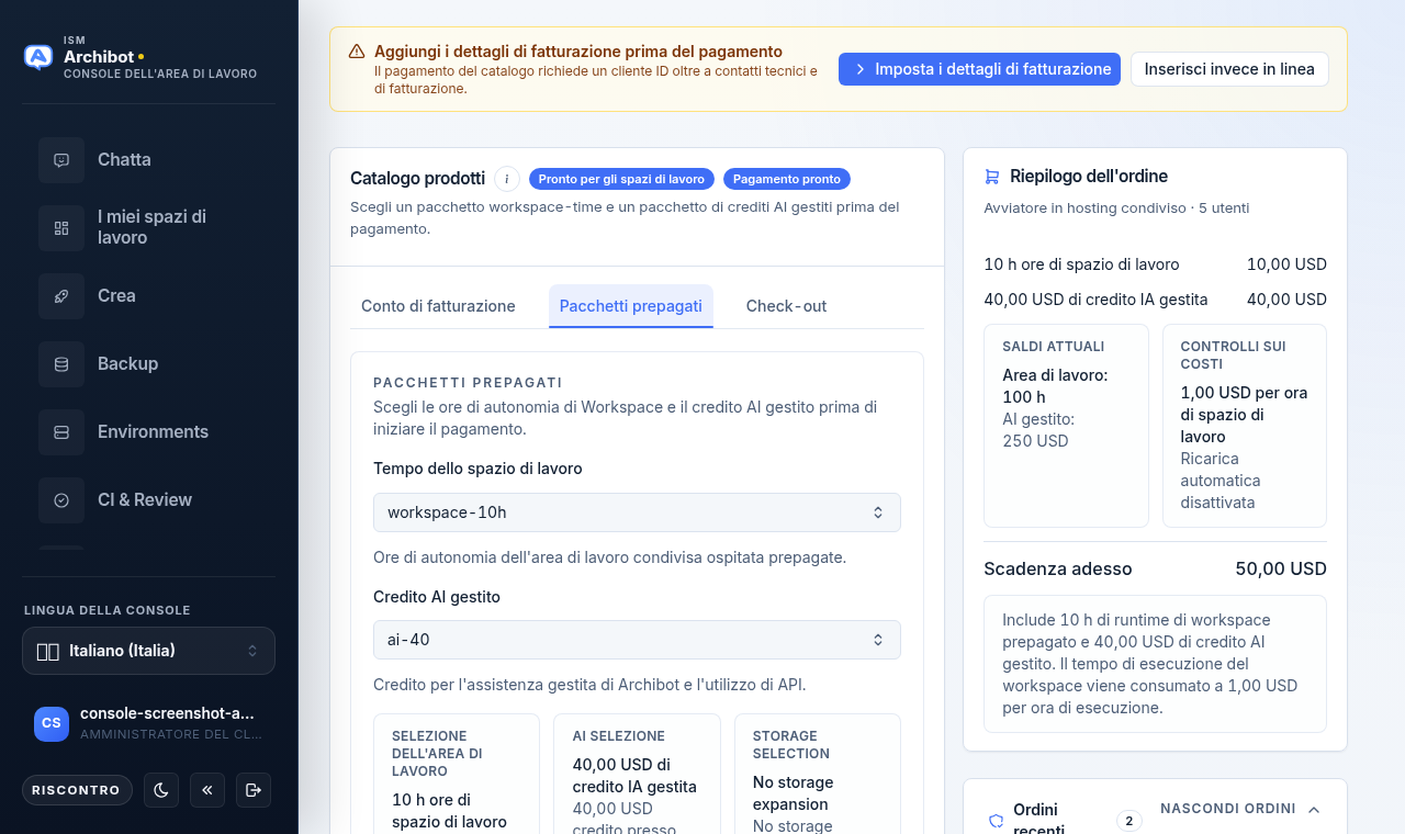 Catalogo prodotti di Console con i badge di preparazione e di pagamento, le schede Account di fatturazione, Pacchetti prepagati e Checkout, e una barra laterale con il riepilogo dell'ordine.