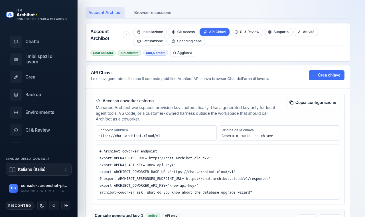 Scheda Chiavi API nelle Impostazioni di Console che mostra il pulsante Crea chiave, la scheda di accesso del collaboratore esterno e uno script di configurazione generato con valori segnaposto.