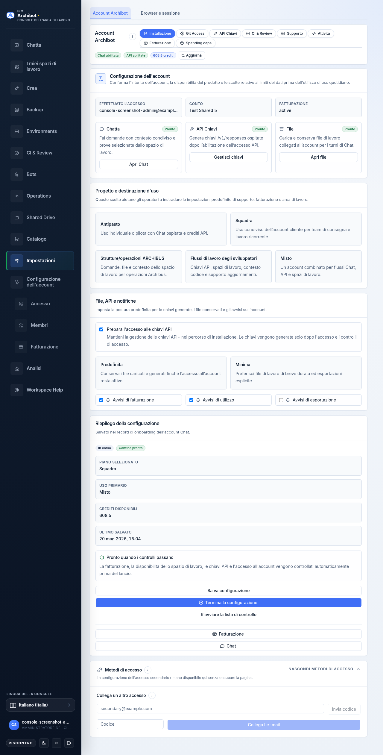 La scheda Configurazione all'interno della sezione account Archibot delle Impostazioni, che mostra la scheda di configurazione dell'account, le scelte di piano e uso previsto e il pannello laterale di riepilogo della Configurazione.