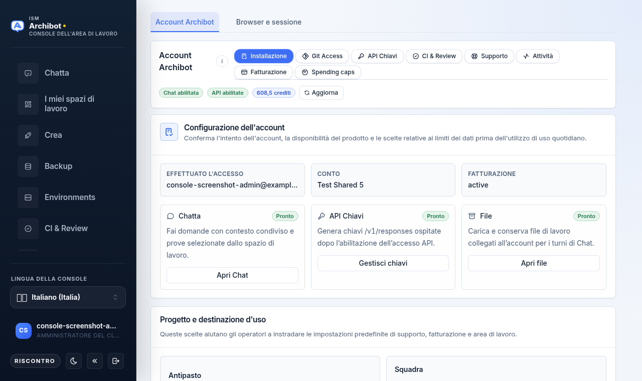Le Impostazioni della Console sulla scheda dell'account Archibot con le pillole dell'account, i badge di stato e le schede di configurazione dell'account su dati di esempio sicuri.