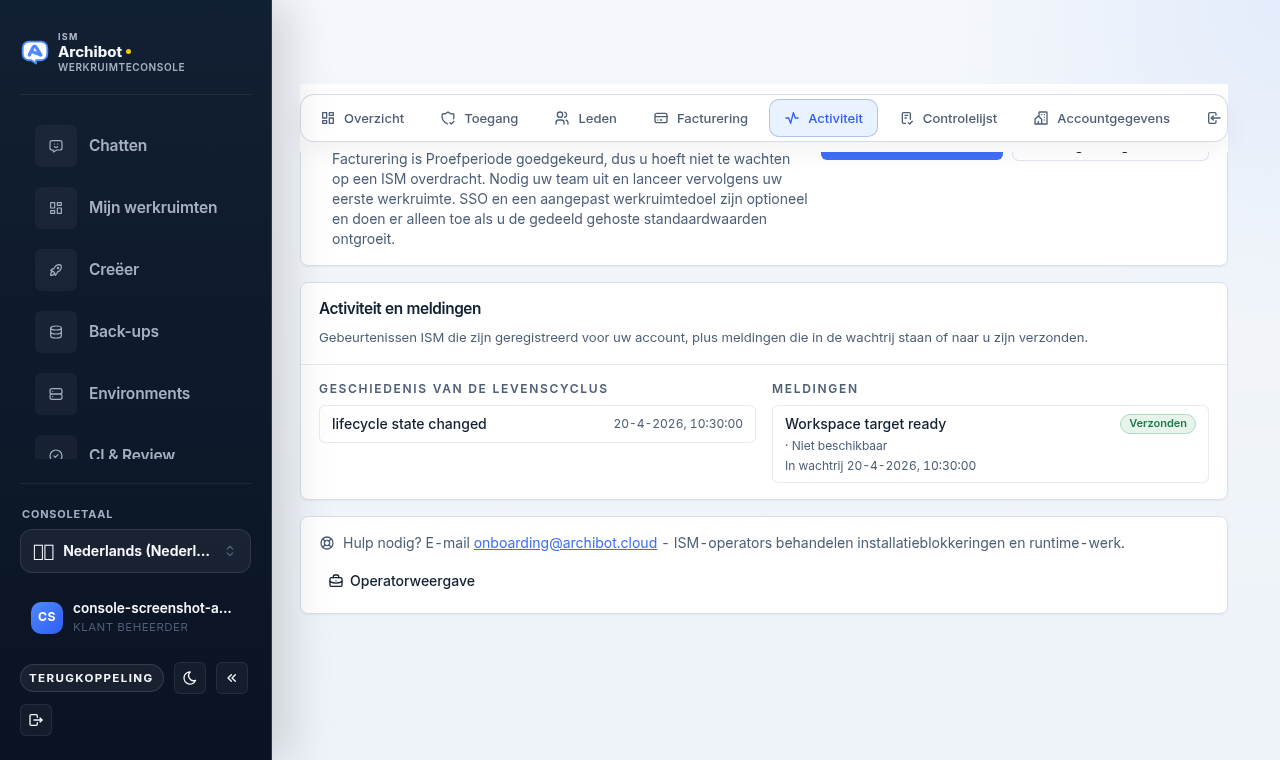 Het tabblad Activiteit in Accountinstellingen met een kolom voor de levenscyclusgeschiedenis en een kolom voor meldingen.