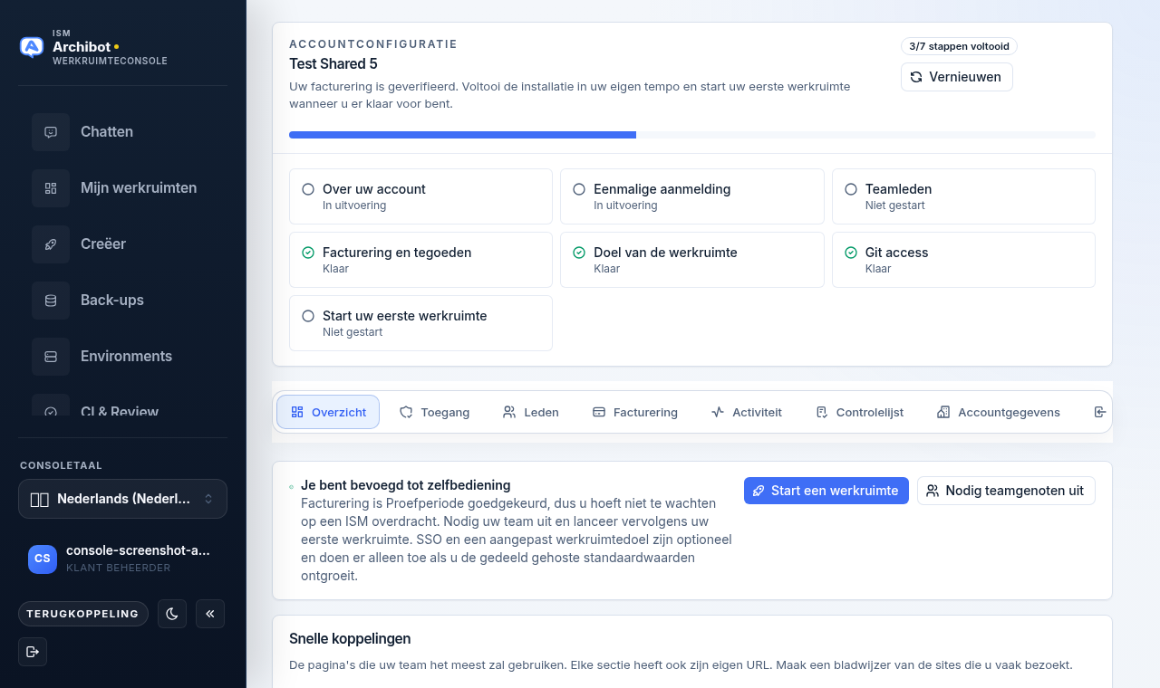 Console-hub voor Accountinstellingen met het stappenraster, de navigatietabbladen, de selfservicebanner en de snelkoppelingen.