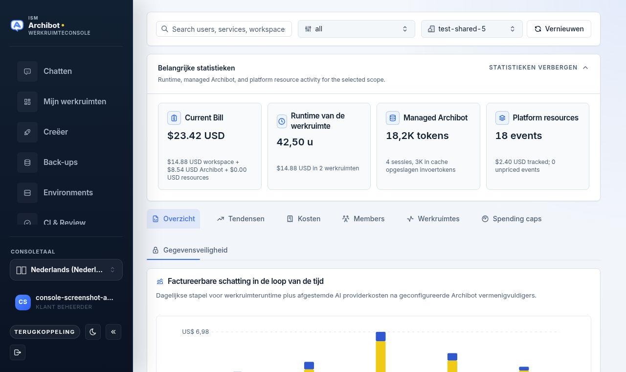 Console Analyse-pagina met kerncijferkaarten en de tabbladen Overzicht, Trends, Kosten, Leden, Workspaces, Uitgavenlimieten en Gegevensveiligheid.