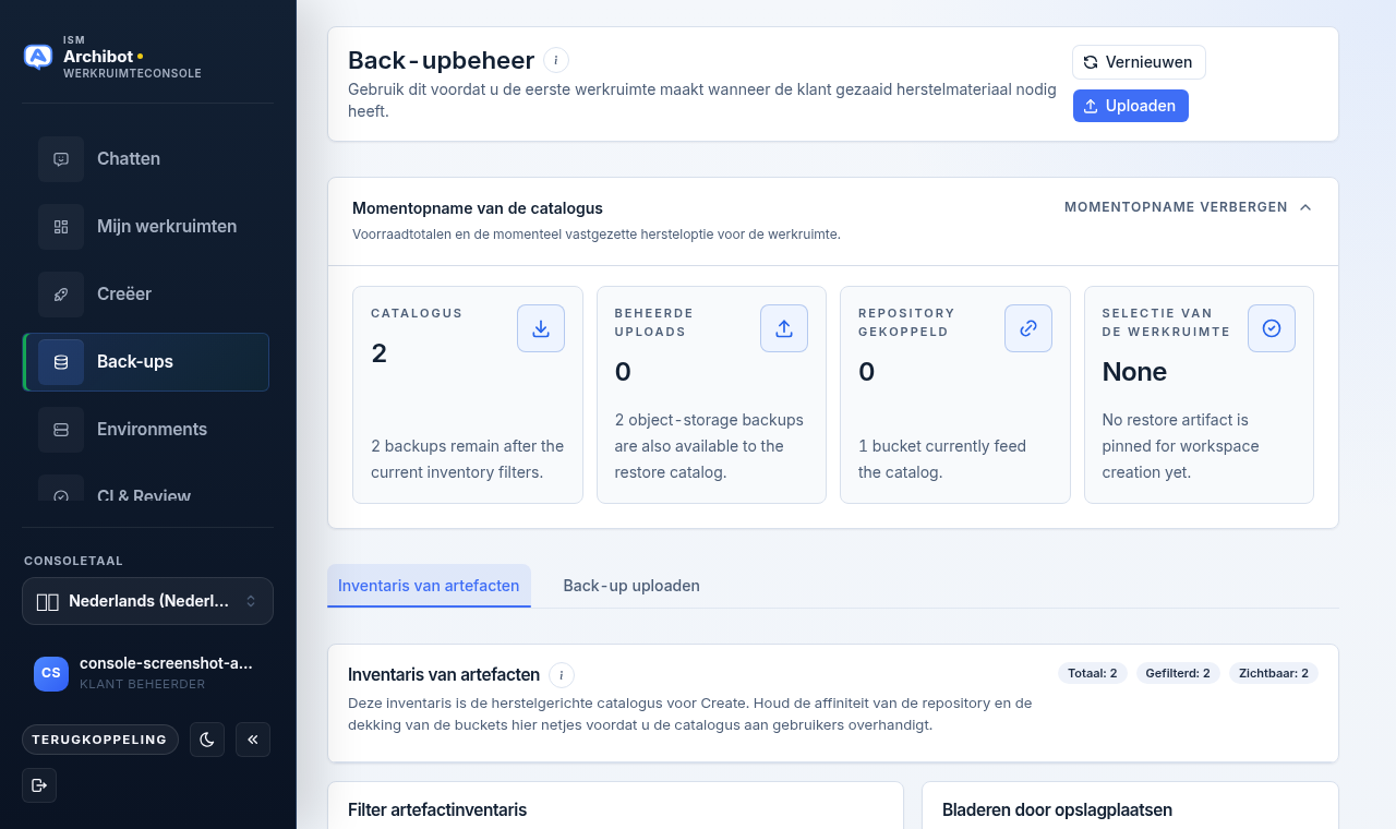 Het Back-upbeheer van Console met de statistieken van de catalogusmomentopname en de tabbladen Artefactinventaris en Back-up uploaden op veilige voorbeeldgegevens.