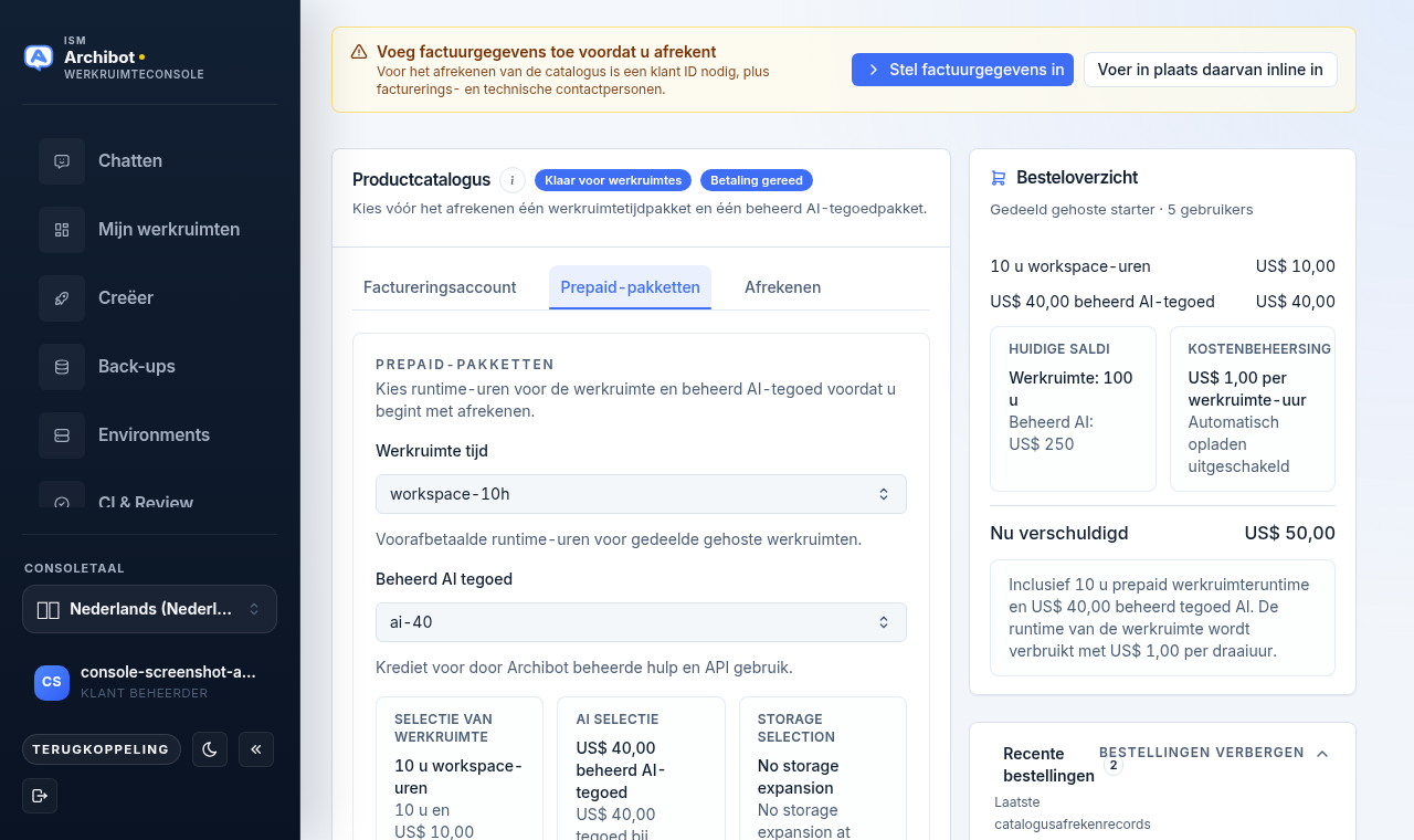 Console-Productcatalogus met de gereedheids- en betalingsbadges, de tabbladen Factureringsaccount, Vooruitbetaalde pakketten en Afrekenen, en een zijbalk met het besteloverzicht.