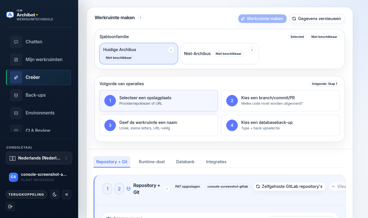 Console-pagina Maken met de sjabloonfamilieselector, de kaart Volgorde van handelingen en de vier maaktabbladen (Repo + Git, Runtime-doel, Database, Integraties).