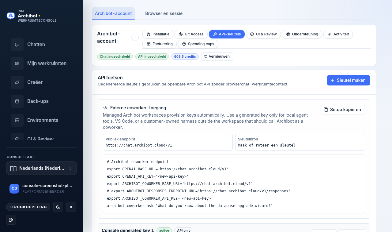 Tabblad API-sleutels in Console-instellingen met de knop Sleutel maken, de kaart voor externe collega-toegang en een gegenereerd installatiescript met tijdelijke aanduidingen.