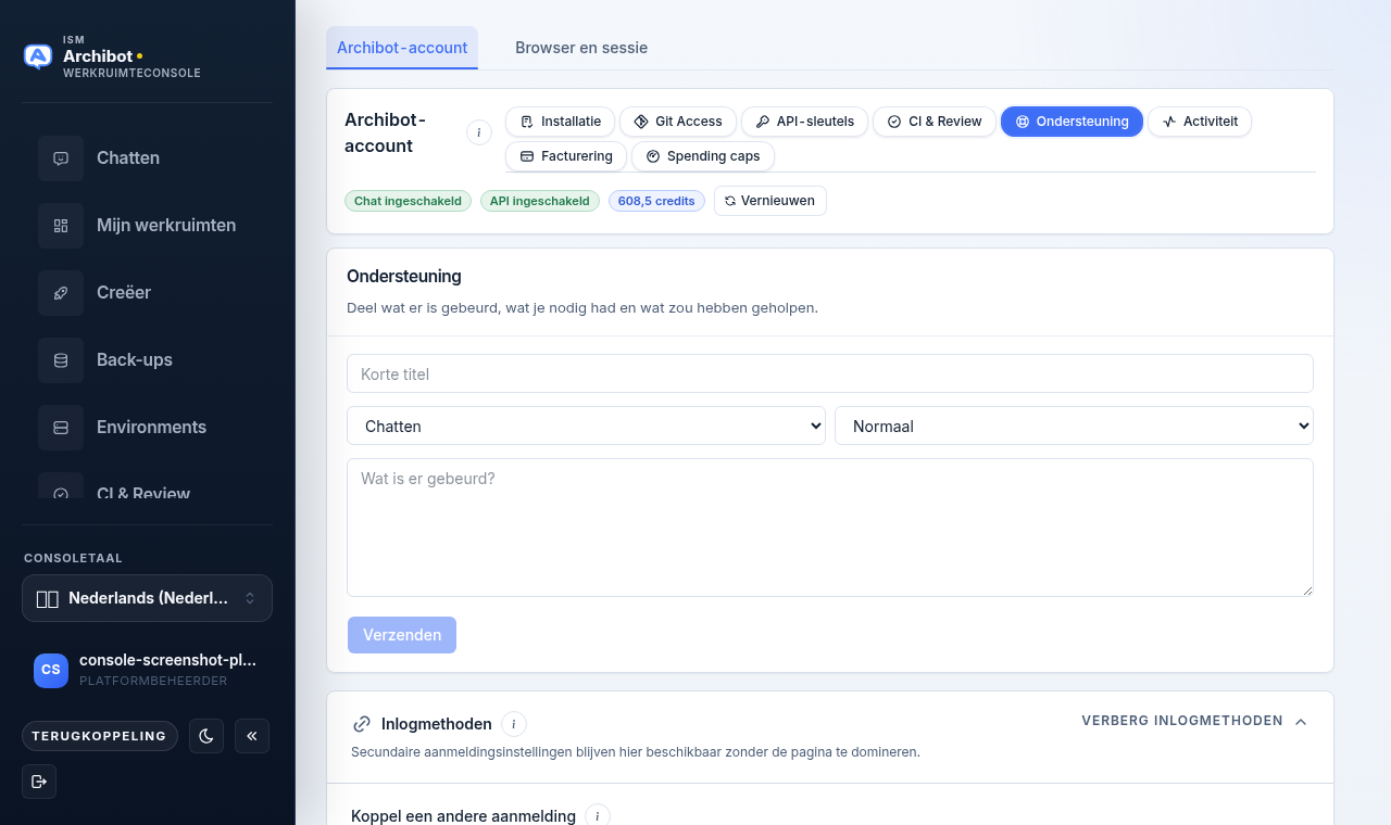 Support-kaart van Console Settings met een veld voor een korte titel, keuzelijsten voor categorie en ernst, een beschrijvingsvak en een knop Verzenden.