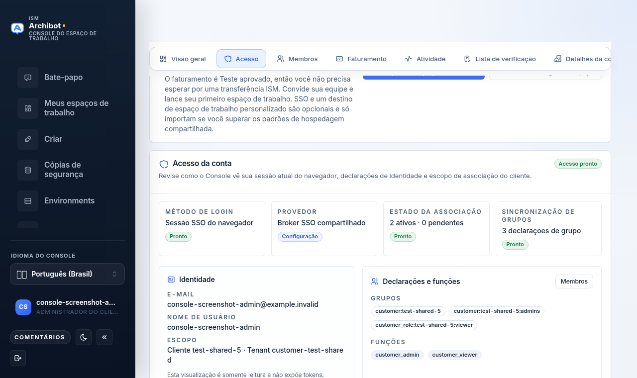 Cartão de acesso da conta mostrando quatro blocos de status, um painel de Identidade, um painel de Declarações e funções e uma lista de associações.