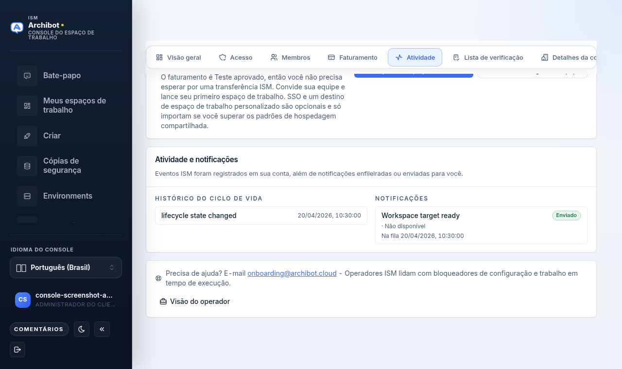 A aba Atividade na Configuração da conta mostrando uma coluna de histórico de ciclo de vida e uma coluna de notificações.