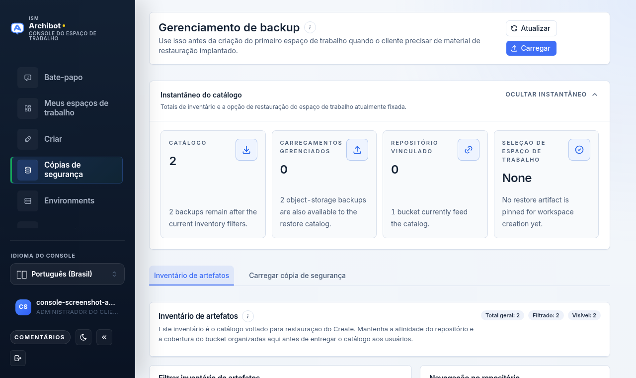 O Gerenciamento de Backups do Console mostrando as métricas do instantâneo do catálogo e as guias Inventário de artefatos e Enviar backup com dados de exemplo seguros.