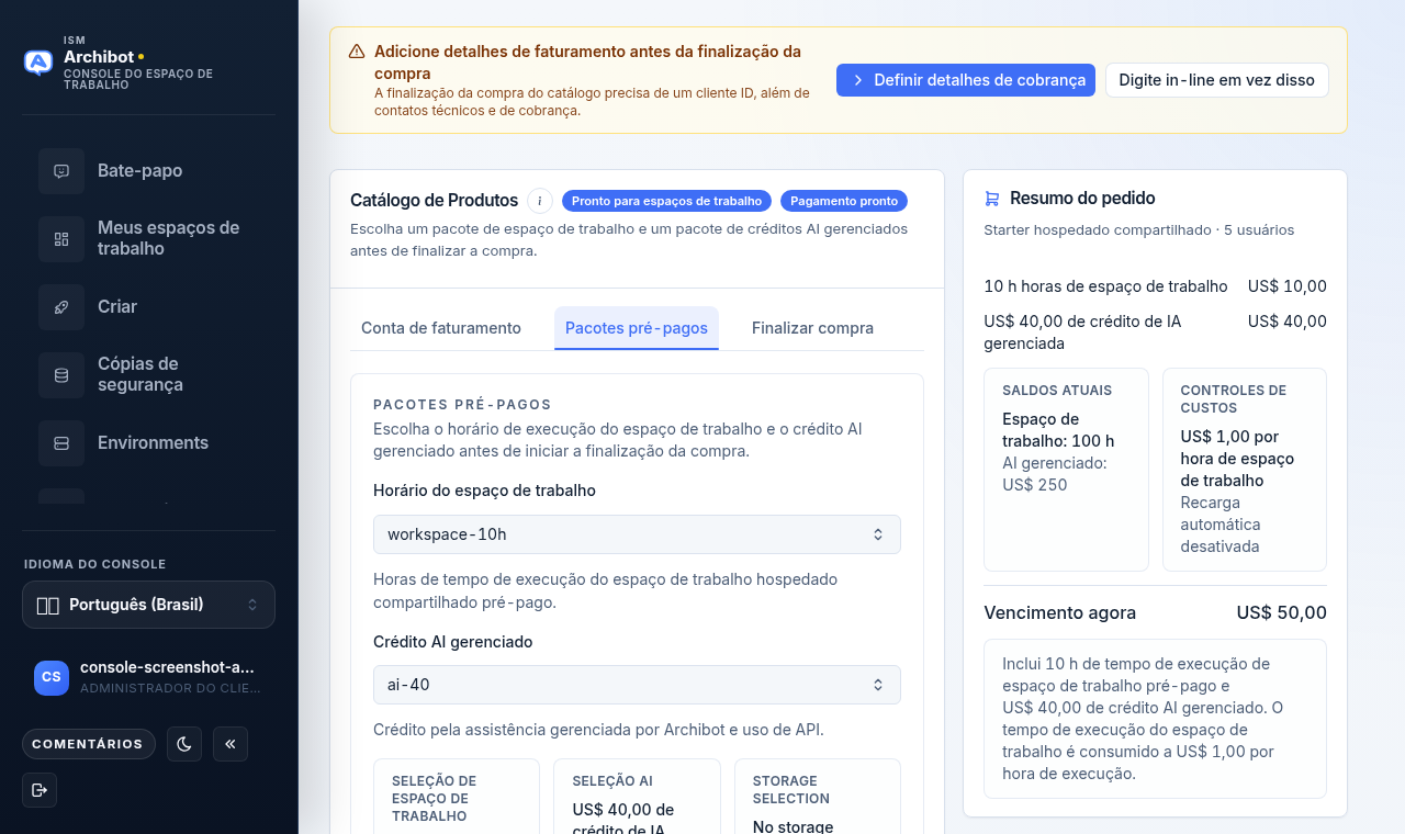 Catálogo de produtos do Console com os selos de prontidão e de pagamento, as abas Conta de cobrança, Pacotes pré-pagos e Checkout, e uma barra lateral com o resumo do pedido.