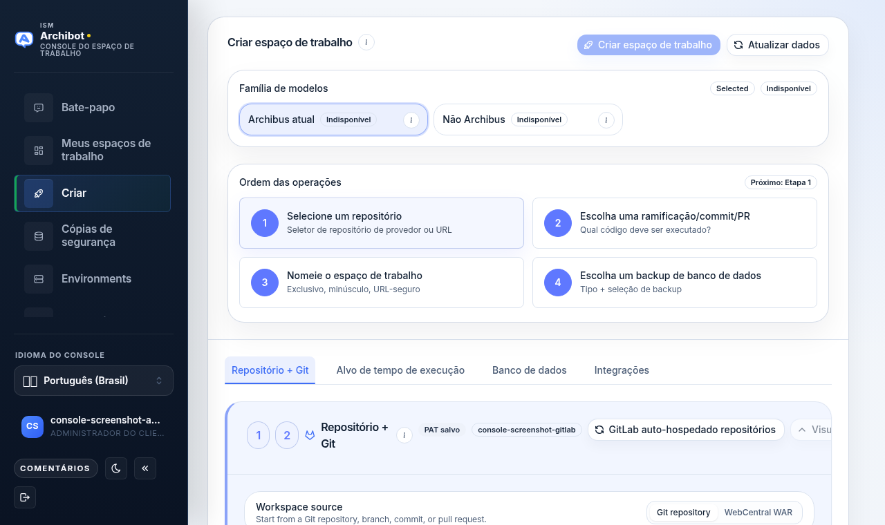 Página Criar do Console com o seletor de família de modelos, o cartão Ordem das operações e as quatro abas de criação (Repo + Git, Destino de runtime, Banco de dados, Integrações).