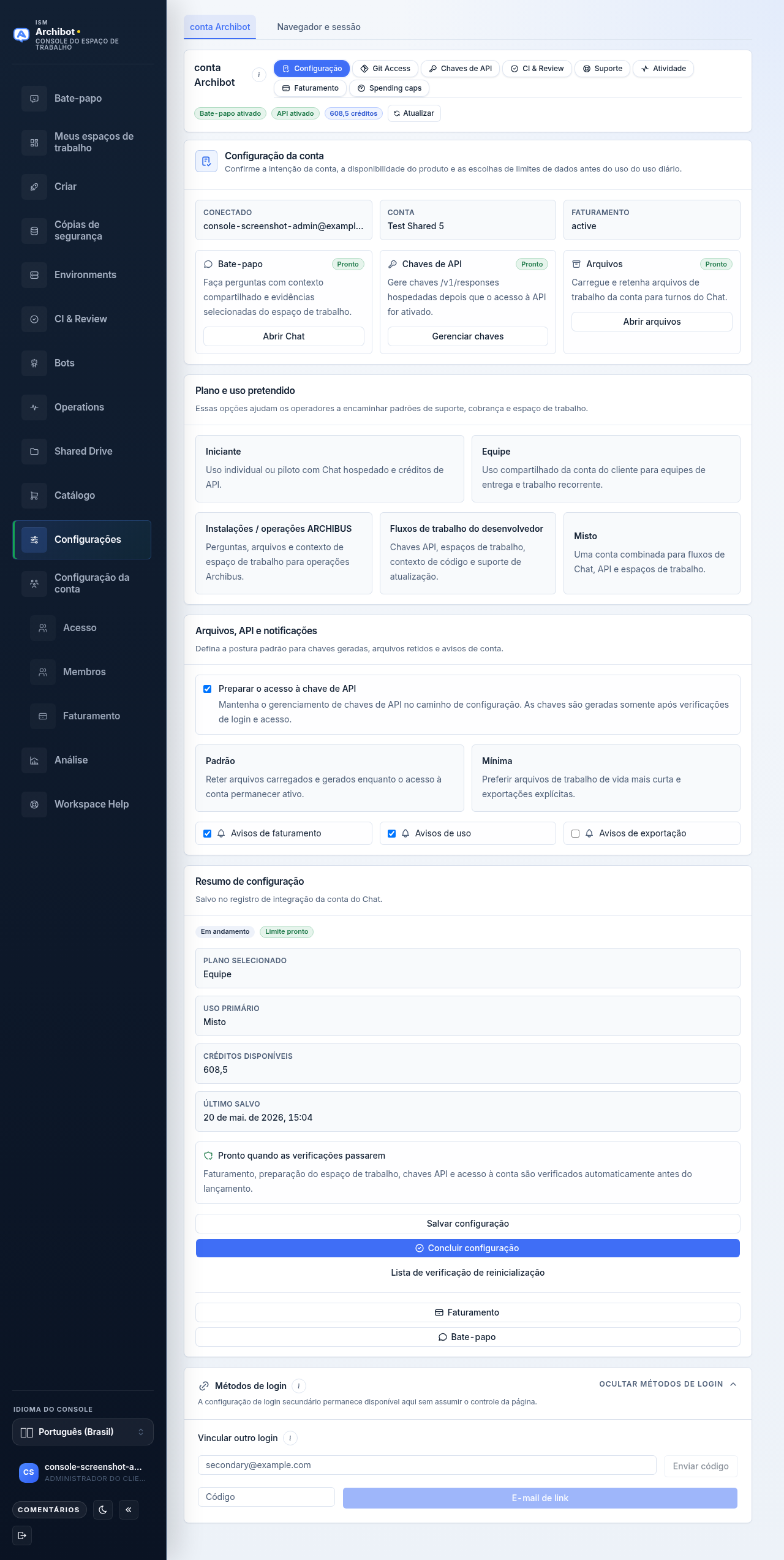 A aba Configuração dentro da seção da conta Archibot em Configurações, mostrando o cartão de configuração da conta, as opções de plano e uso pretendido e o painel lateral de resumo da Configuração.