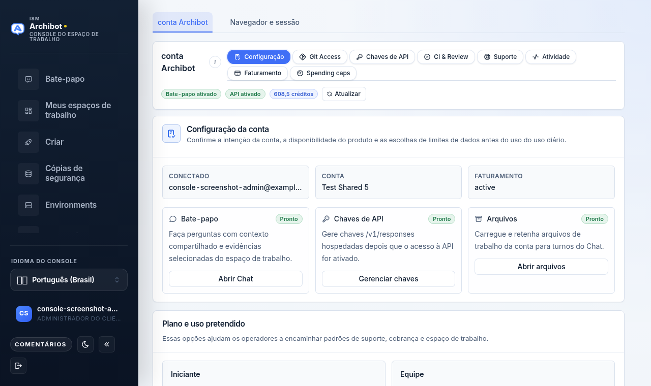 As Configurações do Console na aba da conta Archibot com as pílulas de conta, selos de status e cartões de configuração da conta sobre dados de exemplo seguros.