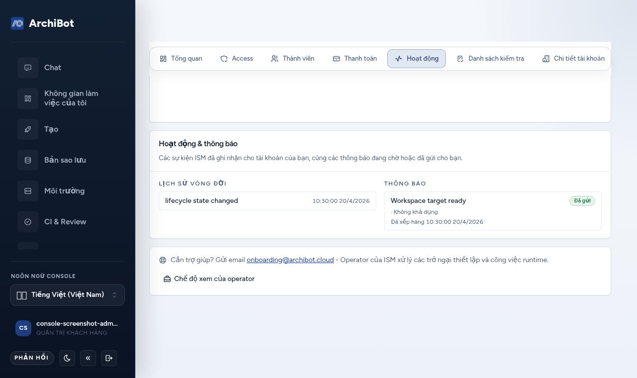 Tab Activity trong Account Setup hiển thị một cột lịch sử vòng đời và một cột thông báo.