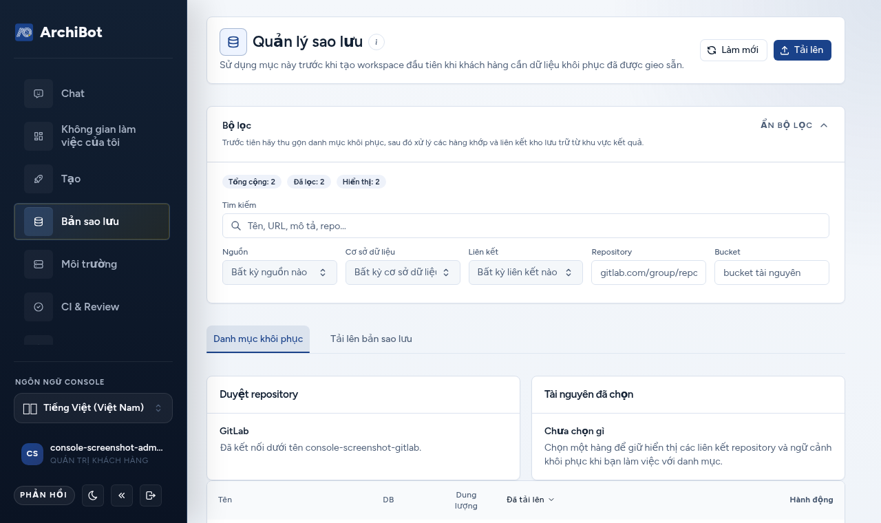Console Backup Management hiển thị panel Filters cùng các tab Artifact Inventory và Upload Backup trên dữ liệu ví dụ an toàn.